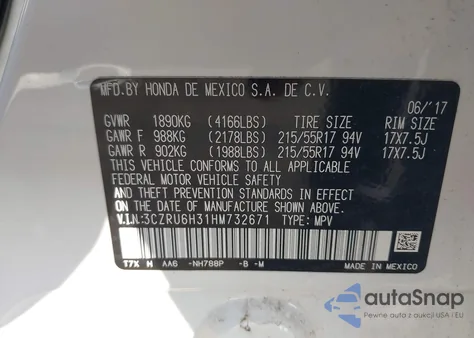 2017 Honda Hr-V Lx z USA, uszkodzony, nr VIN 3CZRU6H31HM732671